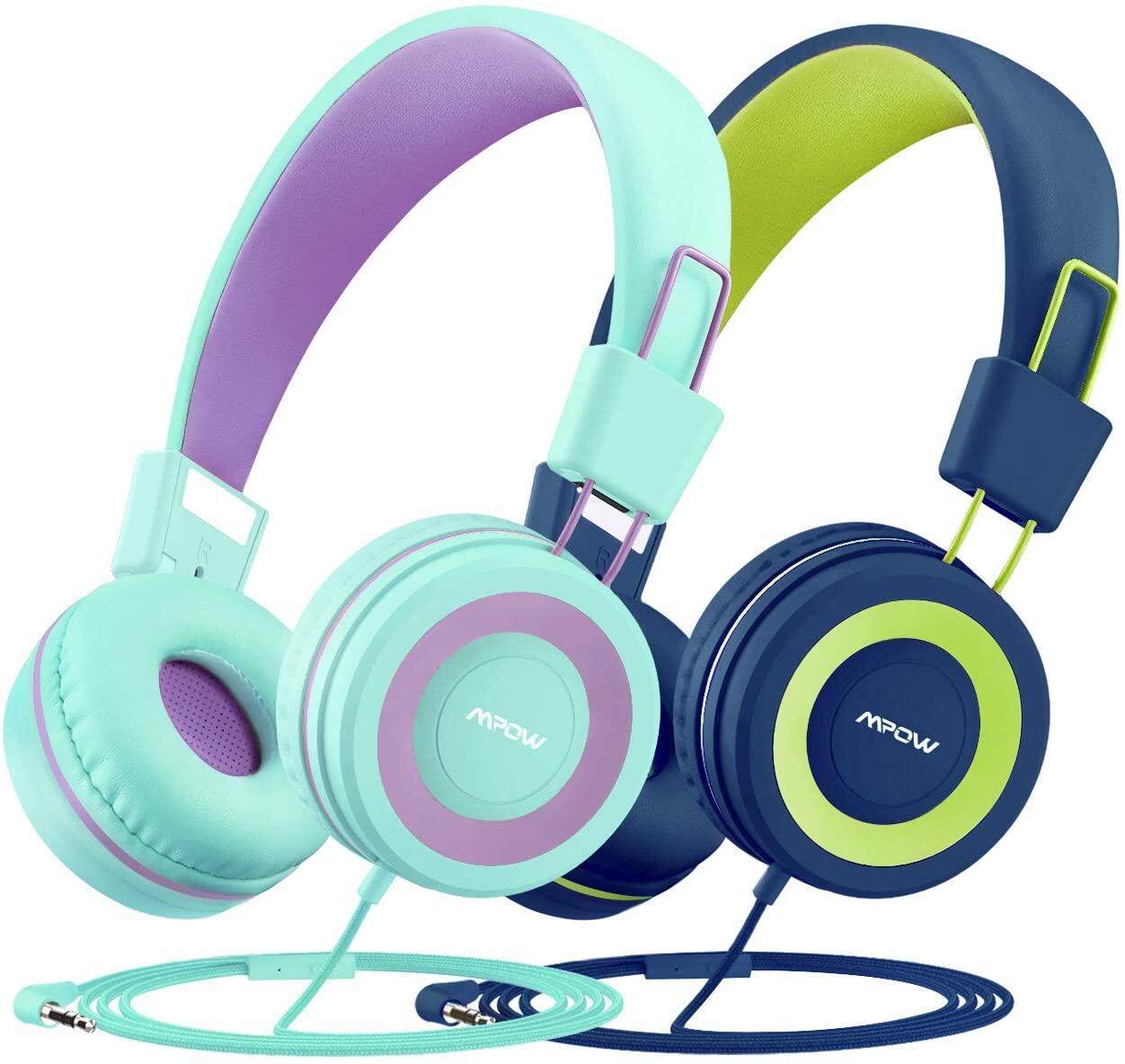 Mpow CH8 Kids Headphones with Microphone (2-Pack), Wired On-Ear Headsets with Safe Volume Limited 91dB, Foldable Durable Earphones w/Audio Splitter for Boys/Girls/Toddlers/Children/School/Travel/Plane